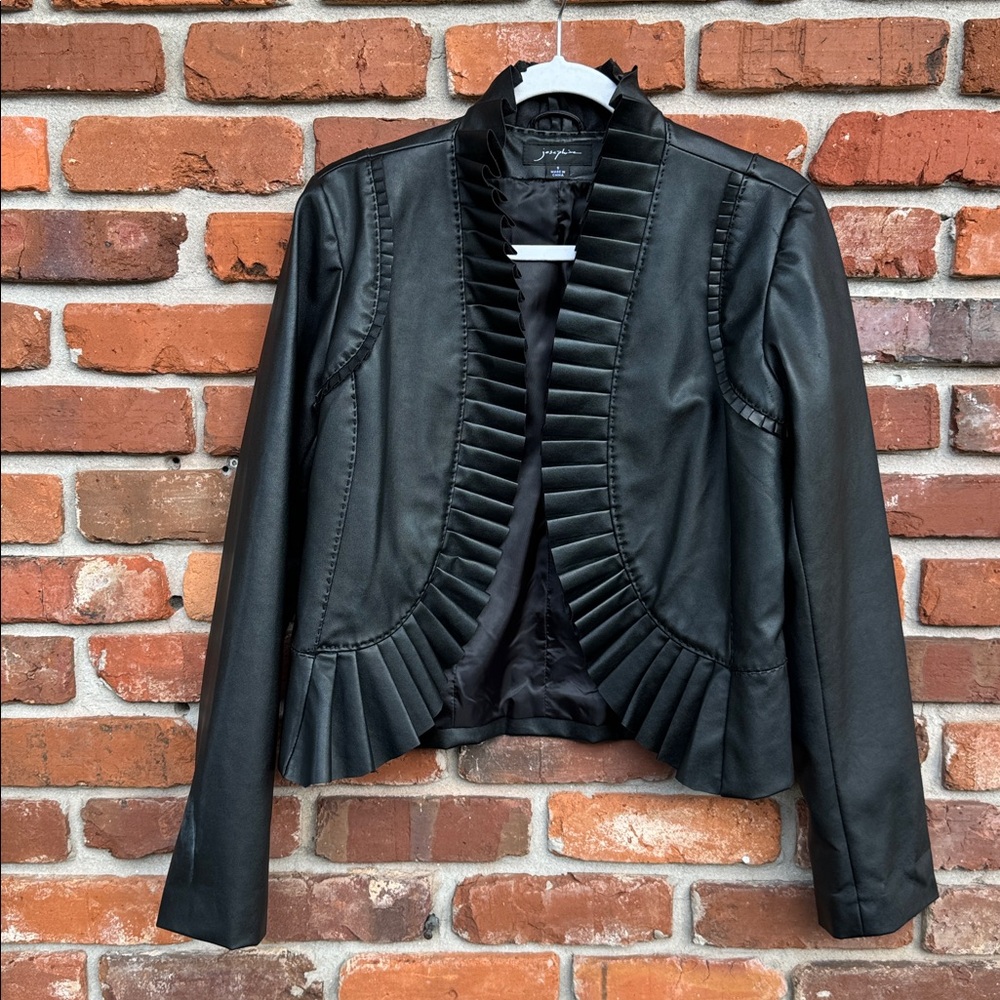 Josephine Vegan Black Ruffle Embroidered Open Front  Lined Faux Leather Jacket S